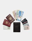 Чёрный портмоне с разложенными документами вокруг